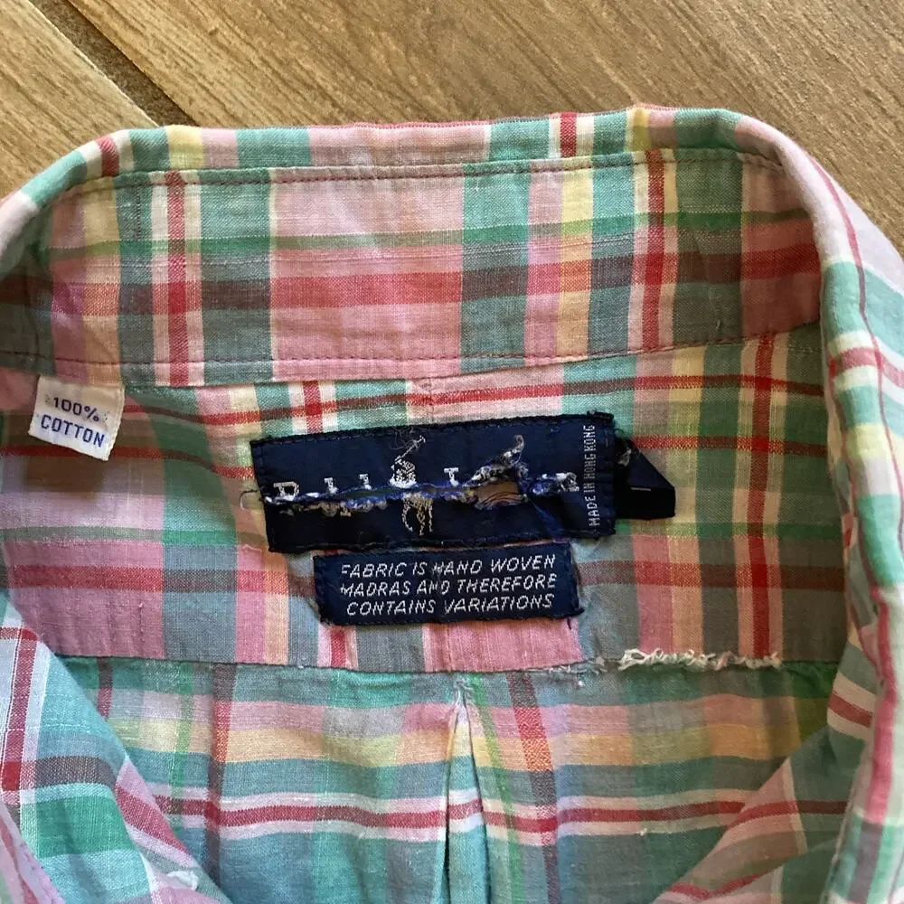 Vintage RALPH LAUREN Oxford 100% Cotton Plaid Long Sleeve Short Size Large